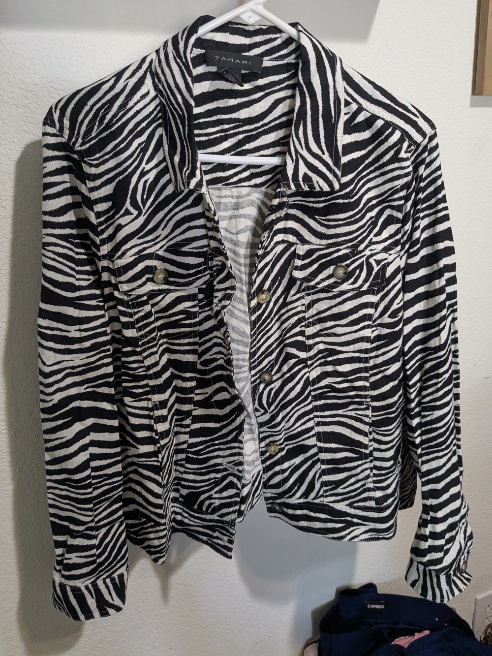 Tahari Black and White Zebra-Print Jean Jacket